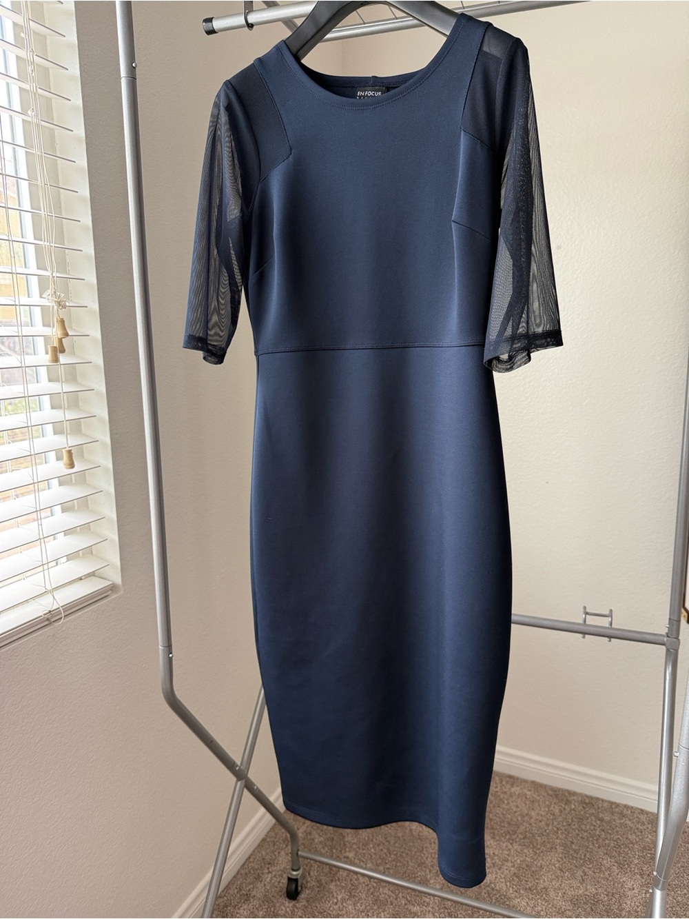 Enfocus Studio Navy Midi Sheath Dress with Mesh Elbow Sleeves